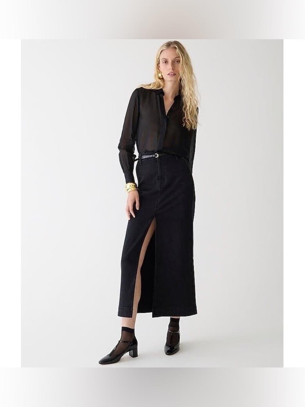 J.Crew Denim Maxi Skirt Size 30 Washed Black Front Slit High Rise